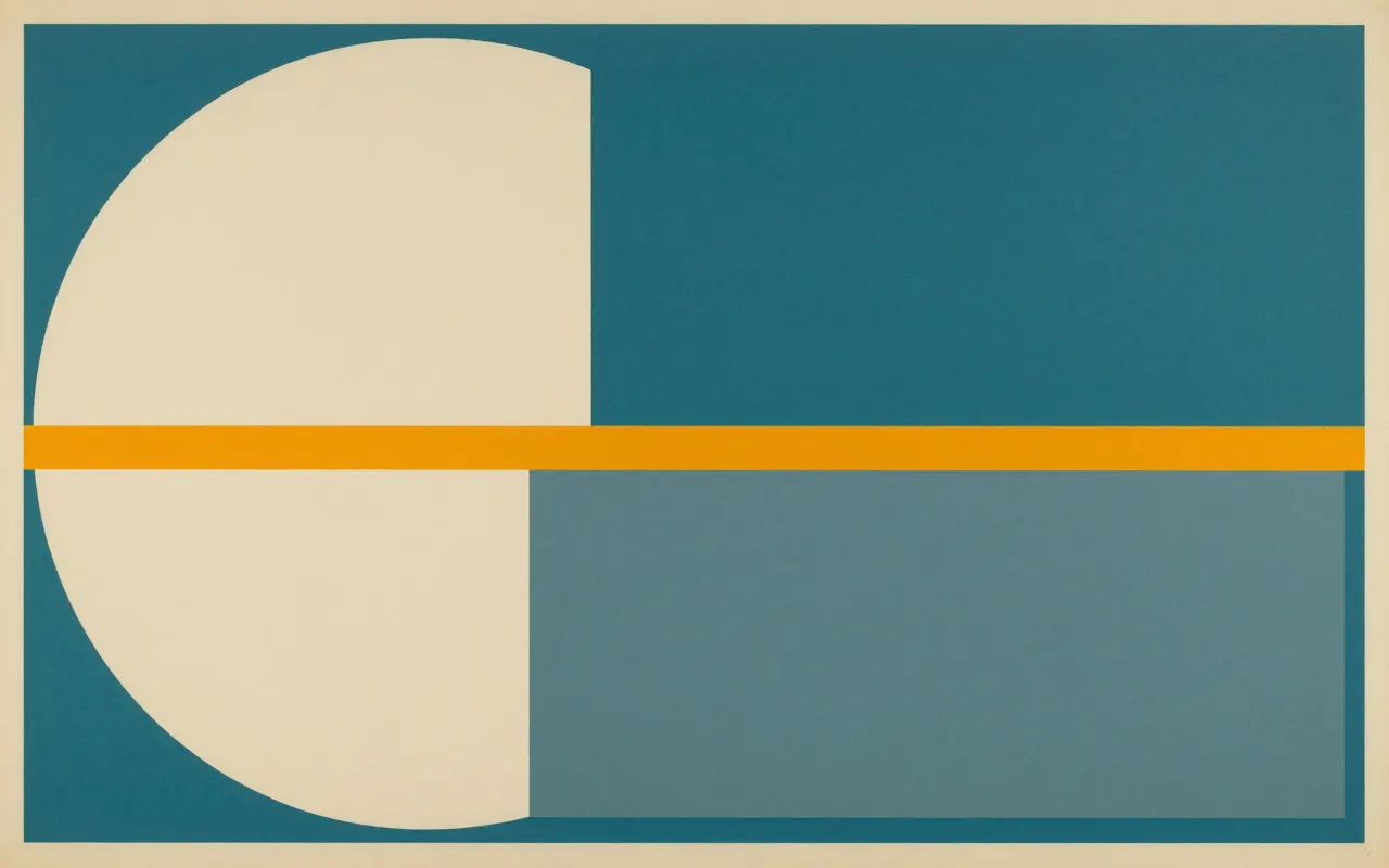 An abstract composition printed flat in deep teal, pale sand, muted slate blue and bright marigold orange: one large quarter circle anchored in the top left corner and a single straight bar running clear across it from the left edge to the right, the rest one flat field.