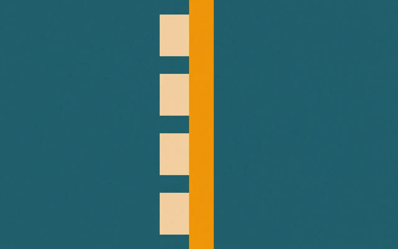 An abstract composition printed flat in deep teal, pale sand, muted slate blue and bright marigold orange: one thick vertical bar as wide as a finger running the full height of the frame from top edge to bottom edge, standing just right of centre, with five small squares pressed against its left side and the space to its right completely empty.