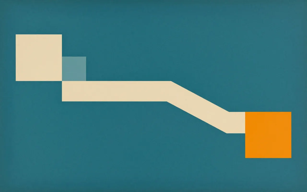 An abstract composition printed flat in deep teal, pale sand, muted slate blue and bright marigold orange: one thick line made of four straight segments turning at right angles as it crosses from the left edge down to the lower right, with a small square at each turn.