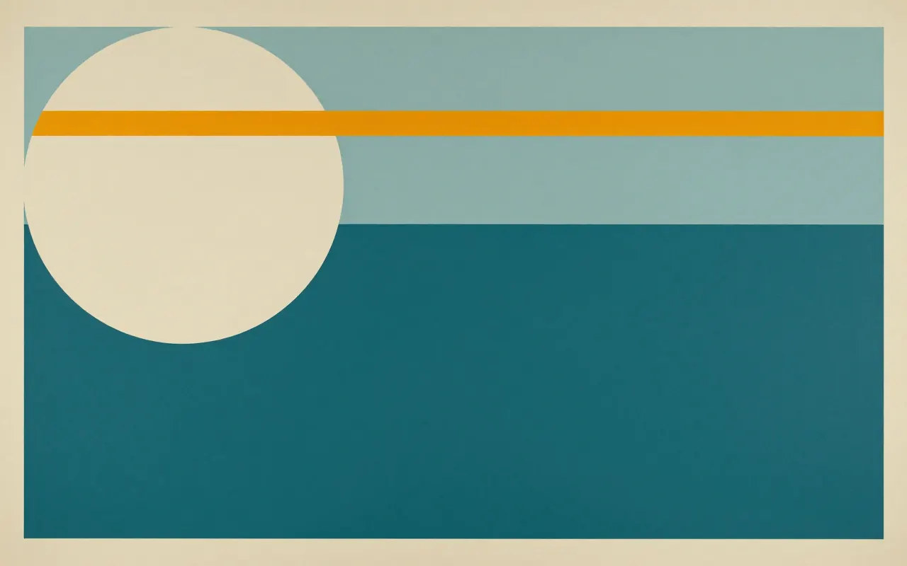An abstract composition printed flat in deep teal, pale sand, muted slate blue and bright marigold orange: one large quarter circle anchored in the top left corner and a single straight bar running clear across it from the left edge to the right, the rest one flat field.