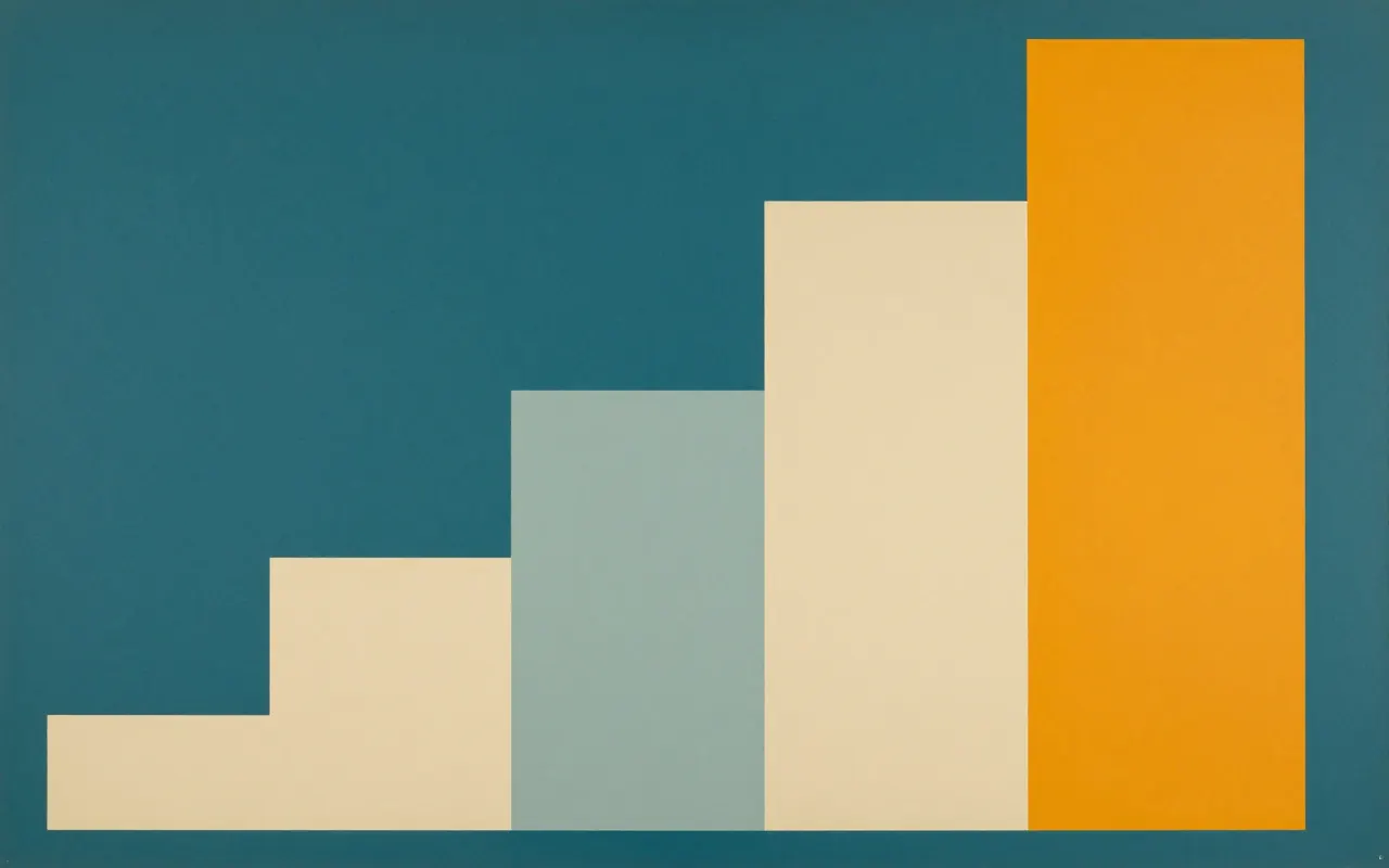 An abstract composition printed flat in deep teal, pale sand, muted slate blue and bright marigold orange: a staircase of five rectangles of increasing height stepping up from the lower left towards the upper right, each overlapping the next, a wide empty field above them.