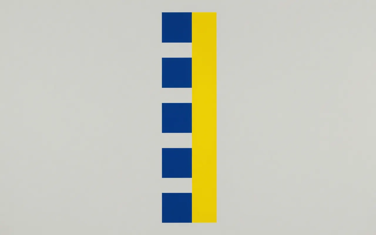 An abstract composition printed flat in pale cool grey, steel blue, deep navy and bright mustard yellow: one thick vertical bar as wide as a finger running the full height of the frame from top edge to bottom edge, standing just right of centre, with five small squares pressed against its left side and the space to its right completely empty.