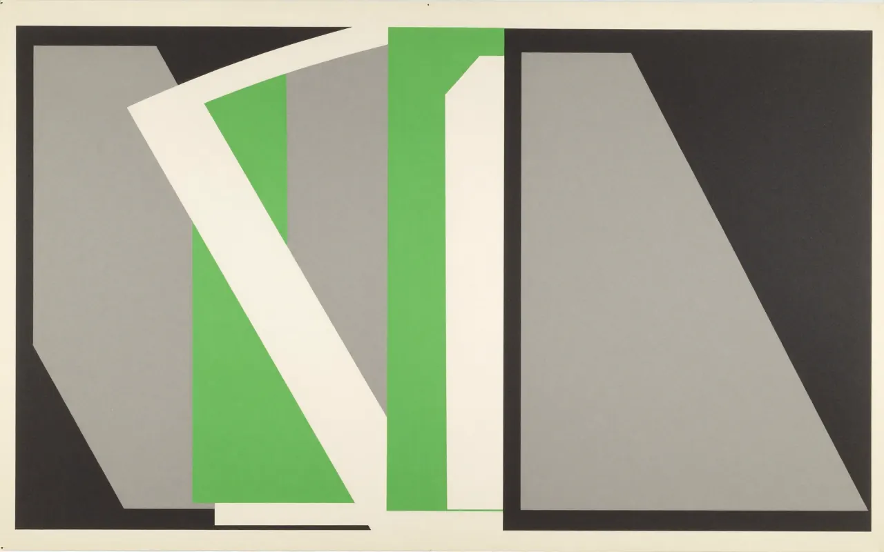 An abstract composition printed flat in deep charcoal, bone white, warm mid grey and bright electric lime green: four large rectangles lying flat and overlapping like sheets of paper on a table, each offset slightly to the right of the one beneath it.