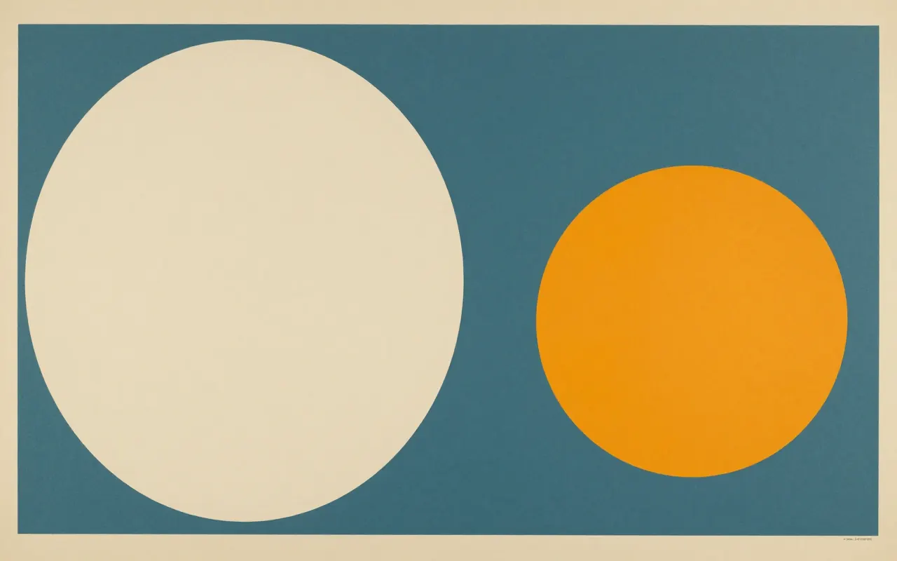 An abstract composition printed flat in deep teal, pale sand, muted slate blue and bright marigold orange: the frame divided by one hard vertical edge slightly left of centre into two flat fields, with a large circle in one half and a small circle in the other.
