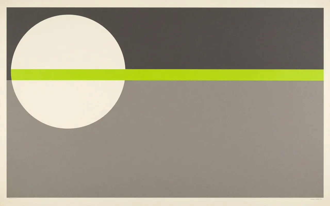 An abstract composition printed flat in deep charcoal, bone white, warm mid grey and bright electric lime green: one large quarter circle anchored in the top left corner and a single straight bar running clear across it from the left edge to the right, the rest one flat field.