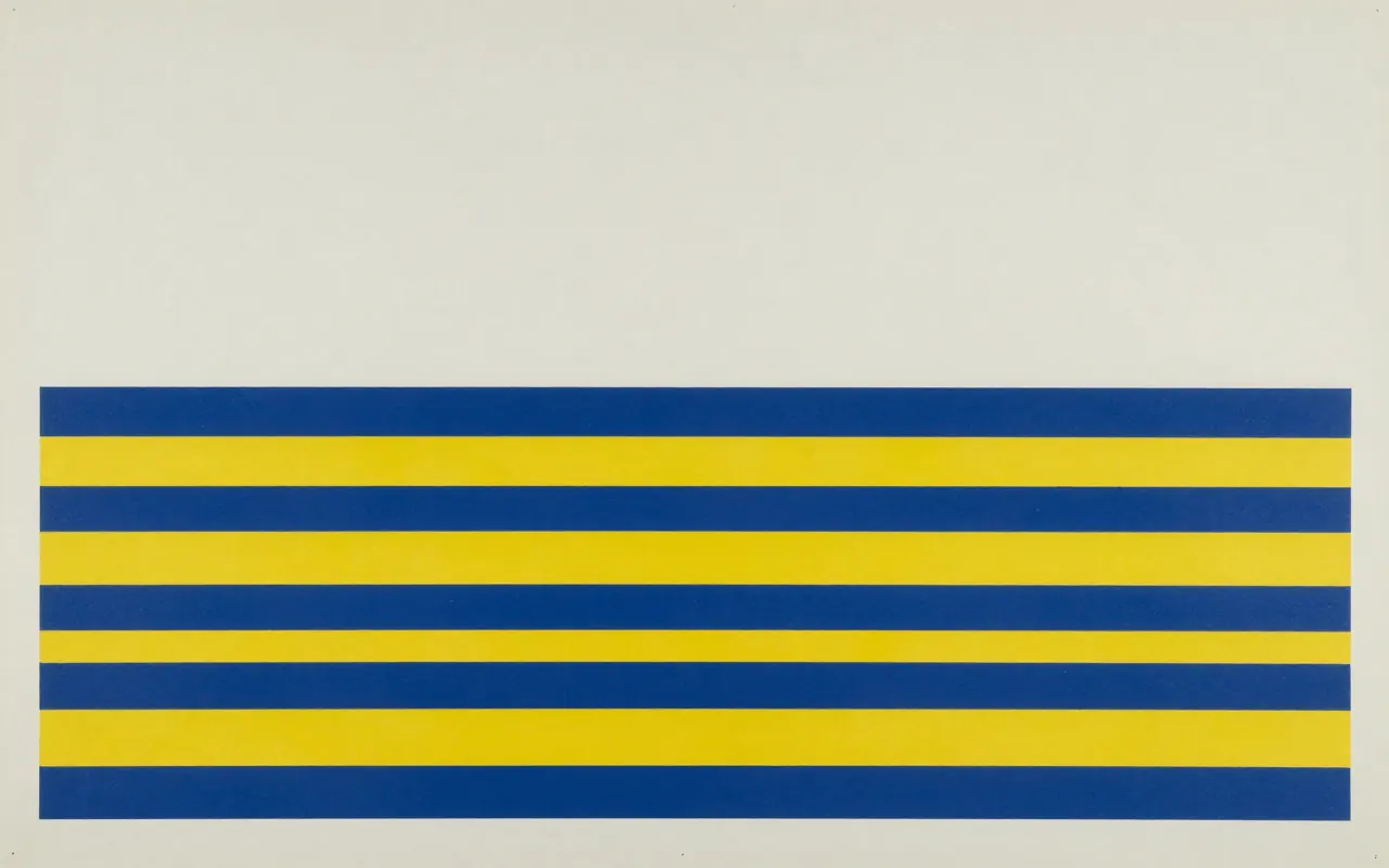 An abstract composition printed flat in pale cool grey, steel blue, deep navy and bright mustard yellow: six horizontal bands of differing thickness stacked from the bottom edge upward, thickest at the bottom, with a wide empty field above them.