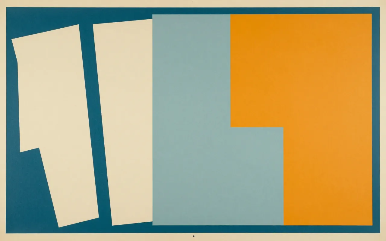 An abstract composition printed flat in deep teal, pale sand, muted slate blue and bright marigold orange: four large rectangles lying flat and overlapping like sheets of paper on a table, each offset slightly to the right of the one beneath it.