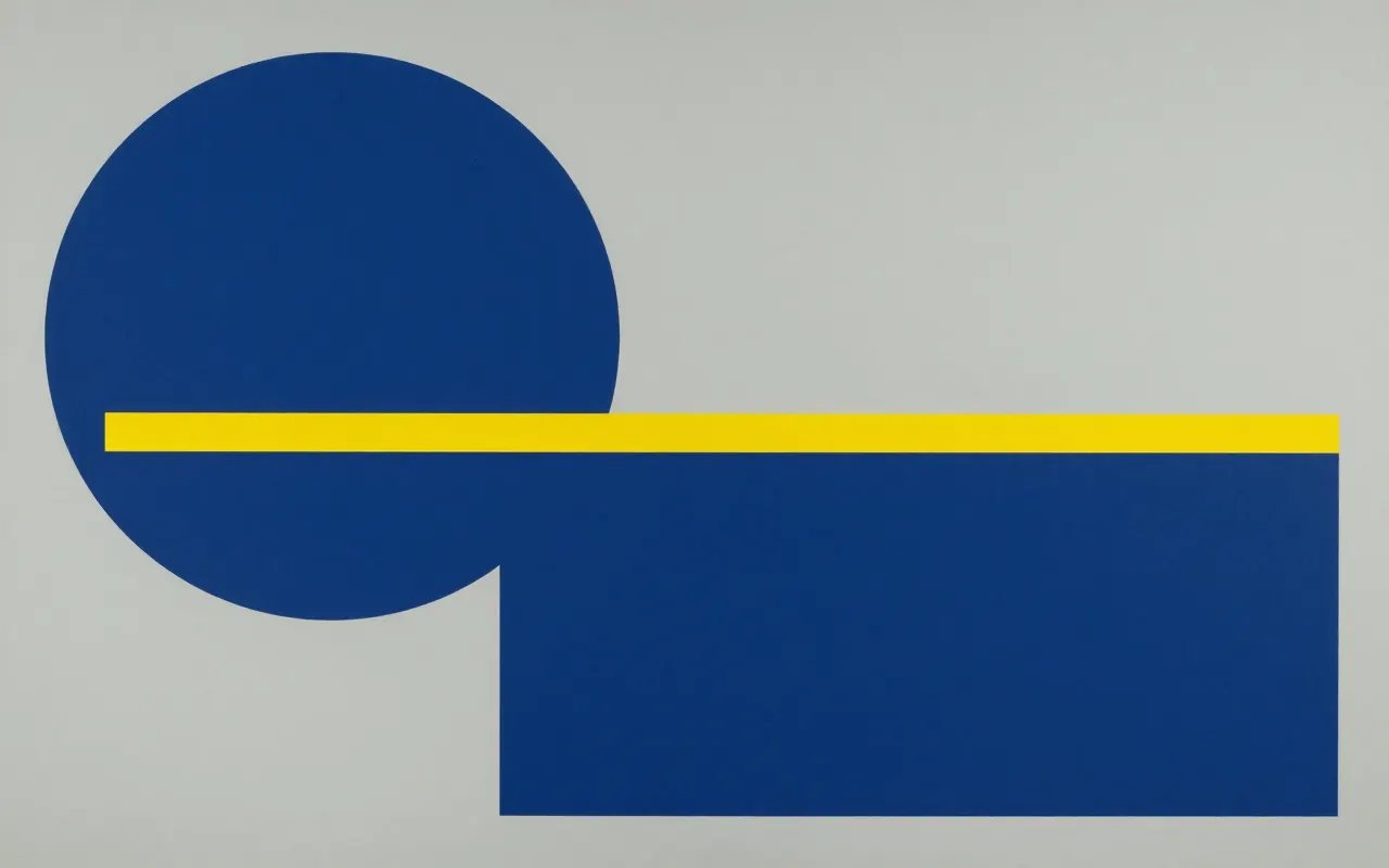 An abstract composition printed flat in pale cool grey, steel blue, deep navy and bright mustard yellow: one large quarter circle anchored in the top left corner and a single straight bar running clear across it from the left edge to the right, the rest one flat field.