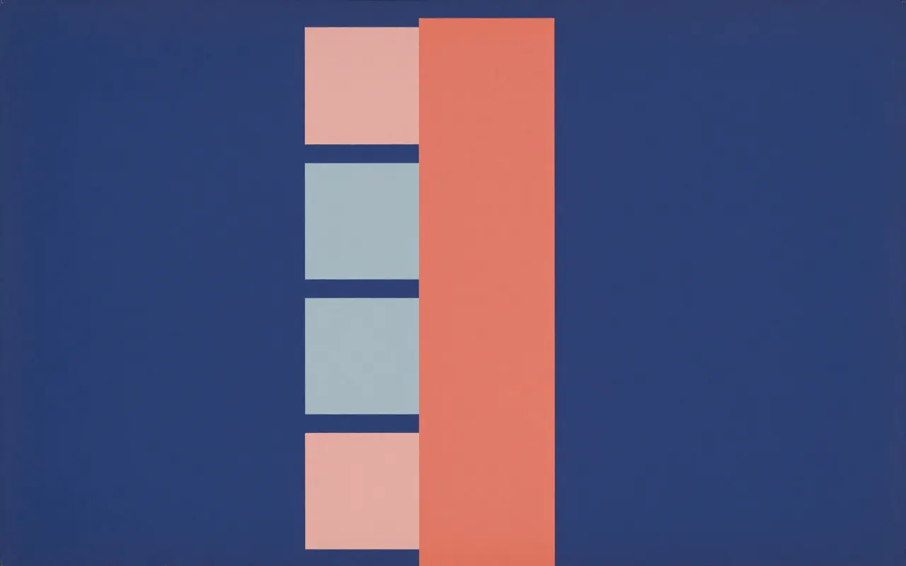 An abstract composition printed flat in deep indigo, dusty rose, pale blue grey and warm coral: one thick vertical bar as wide as a finger running the full height of the frame from top edge to bottom edge, standing just right of centre, with five small squares pressed against its left side and the space to its right completely empty.