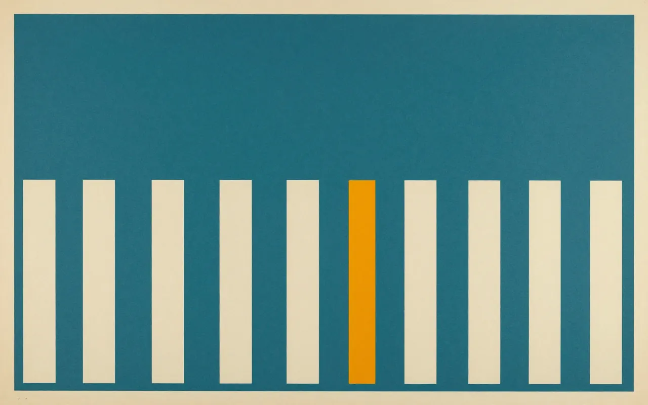 An abstract composition printed flat in deep teal, pale sand, muted slate blue and bright marigold orange: twelve identical narrow vertical bars standing in an even row across the lower two thirds of the frame, one of them noticeably shorter than the rest, empty field above.