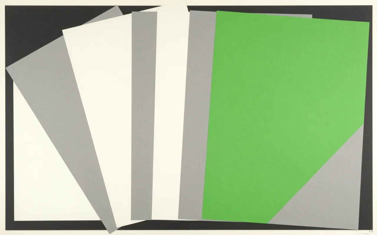An abstract composition printed flat in deep charcoal, bone white, warm mid grey and bright electric lime green: four large rectangles lying flat and overlapping like sheets of paper on a table, each offset slightly to the right of the one beneath it.