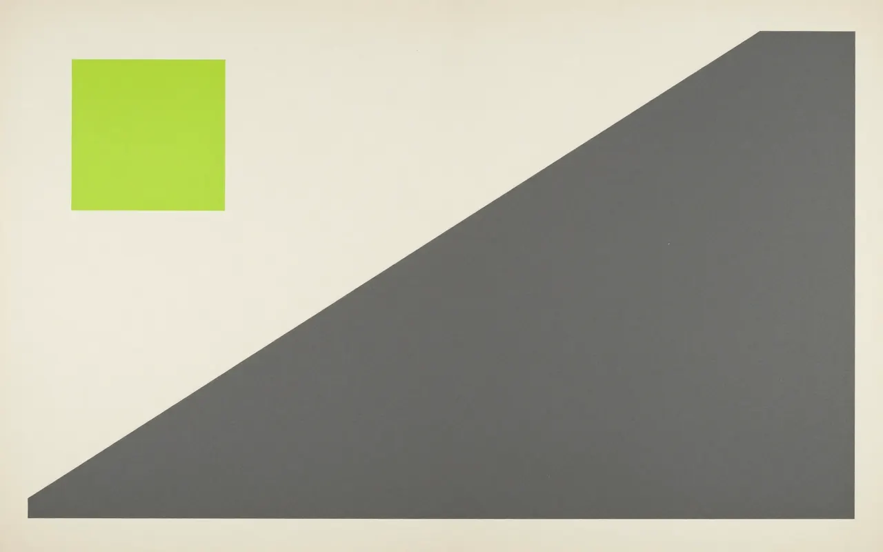An abstract composition printed flat in deep charcoal, bone white, warm mid grey and bright electric lime green: one enormous triangle filling the lower right and cropped by two edges, and a single small square stranded alone in the empty upper left.