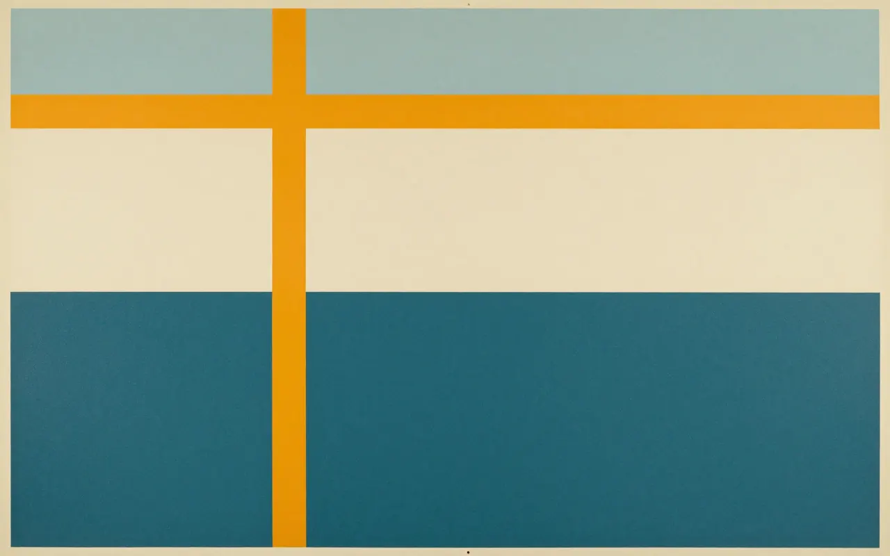 An abstract composition printed flat in deep teal, pale sand, muted slate blue and bright marigold orange: one tall narrow column standing on the bottom edge and reaching almost to the top, with three short horizontal bars crossing it at uneven heights, the rest of the frame one flat empty field.