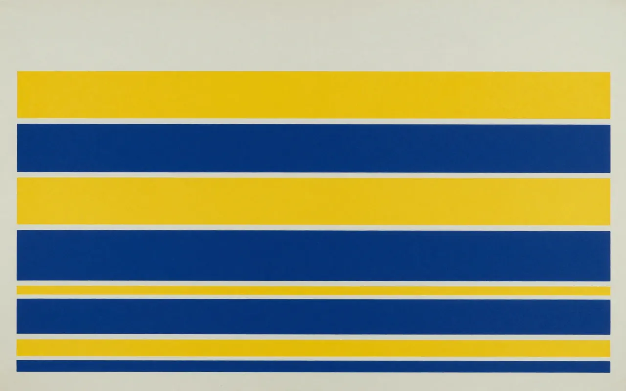 An abstract composition printed flat in pale cool grey, steel blue, deep navy and bright mustard yellow: six horizontal bands of differing thickness stacked from the bottom edge upward, thickest at the bottom, with a wide empty field above them.