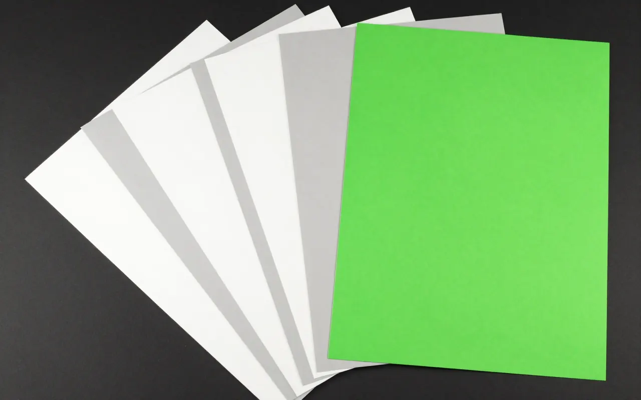 An abstract composition printed flat in deep charcoal, bone white, warm mid grey and bright electric lime green: four large rectangles lying flat and overlapping like sheets of paper on a table, each offset slightly to the right of the one beneath it.