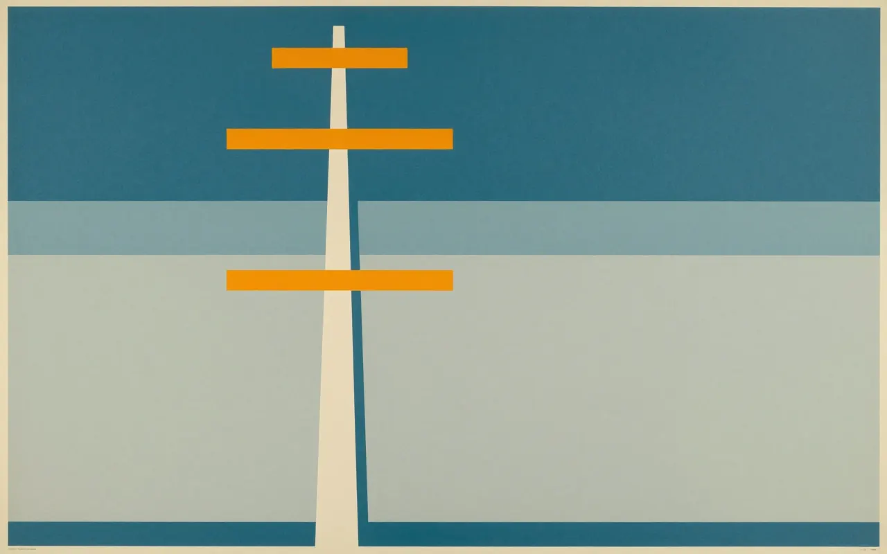 An abstract composition printed flat in deep teal, pale sand, muted slate blue and bright marigold orange: one tall narrow column standing on the bottom edge and reaching almost to the top, with three short horizontal bars crossing it at uneven heights, the rest of the frame one flat empty field.
