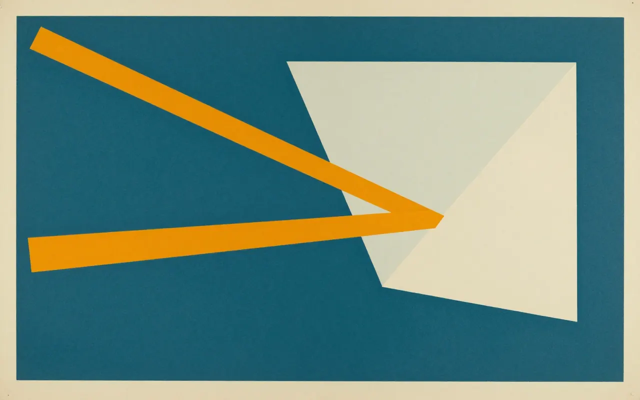 An abstract composition printed flat in deep teal, pale sand, muted slate blue and bright marigold orange: one large square rotated to stand on its corner at the centre right, with three straight bars radiating away from it to the left at different angles.