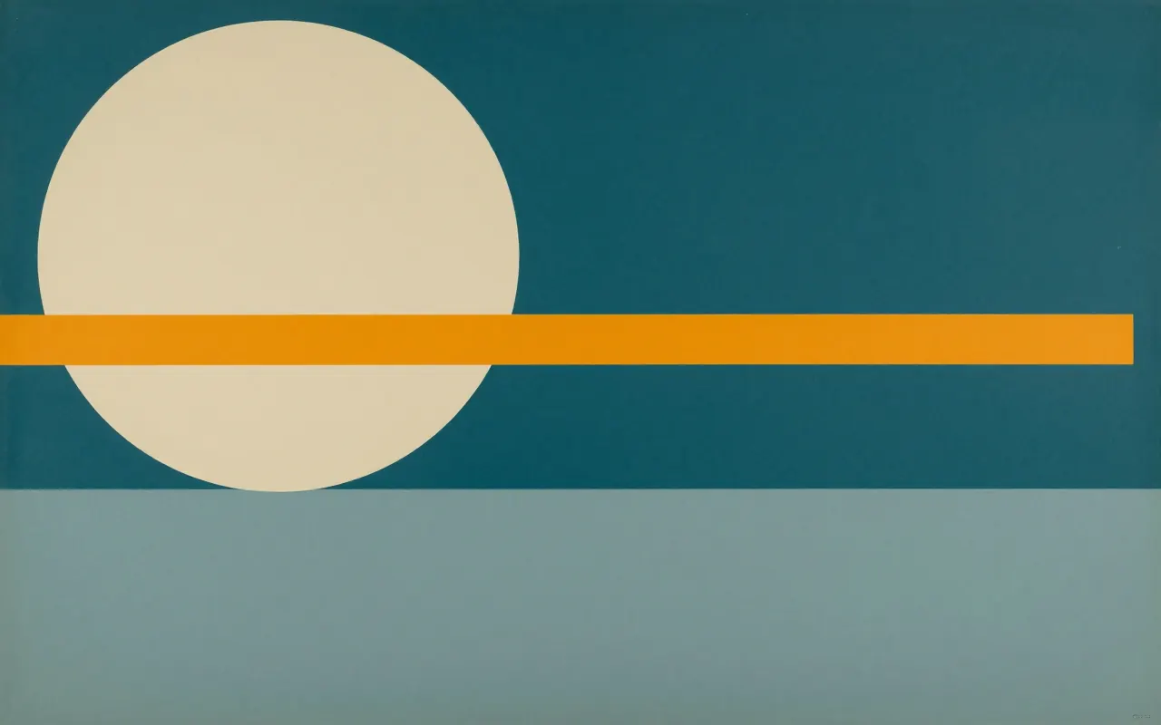 An abstract composition printed flat in deep teal, pale sand, muted slate blue and bright marigold orange: one large quarter circle anchored in the top left corner and a single straight bar running clear across it from the left edge to the right, the rest one flat field.