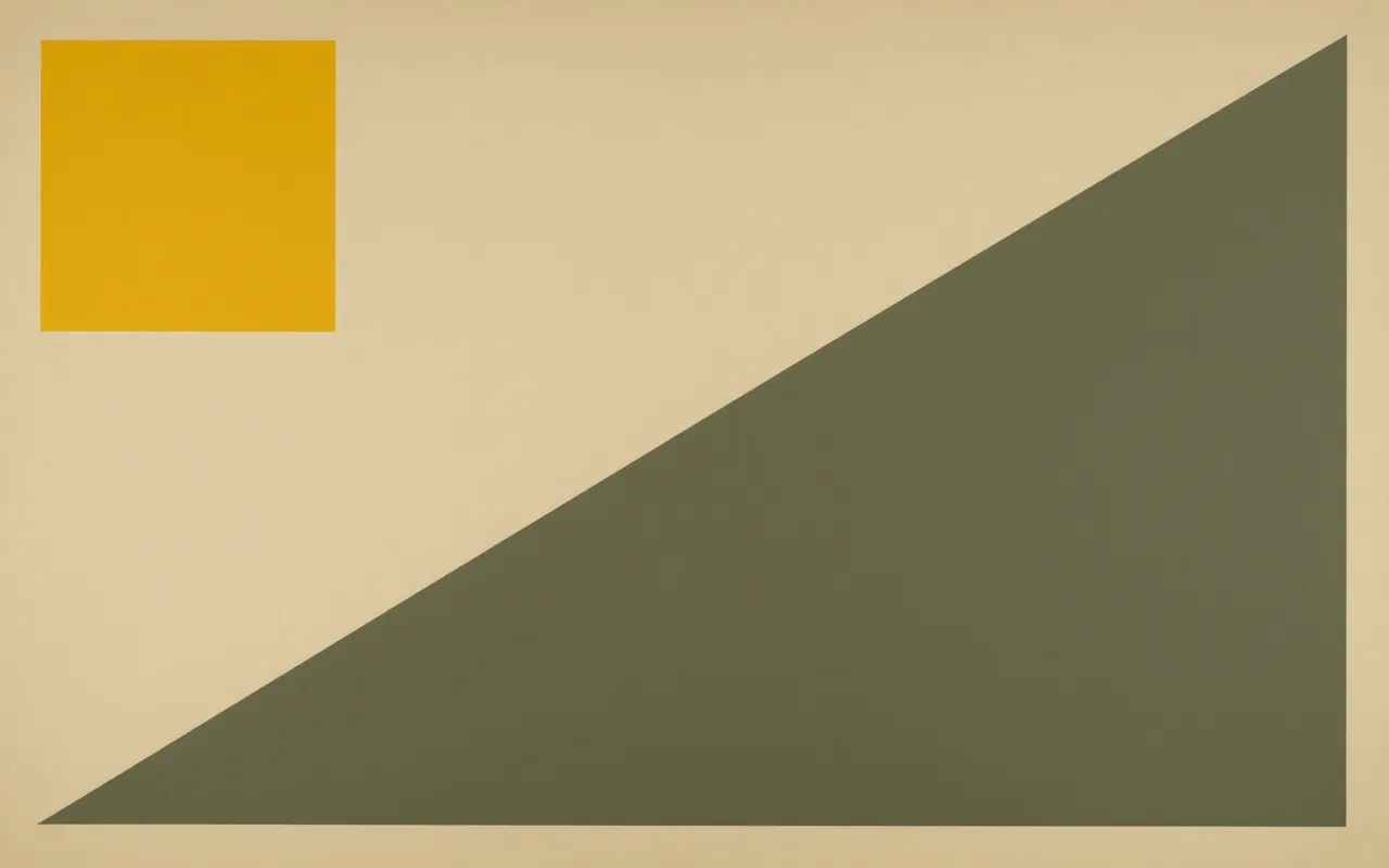 An abstract composition printed flat in warm sand, deep charcoal, soft olive and bright ochre yellow: one enormous triangle filling the lower right and cropped by two edges, and a single small square stranded alone in the empty upper left.
