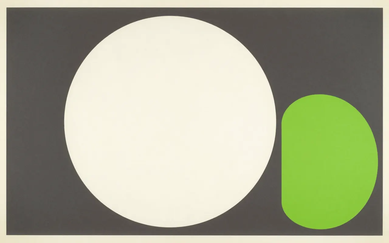 An abstract composition printed flat in deep charcoal, bone white, warm mid grey and bright electric lime green: the frame divided by one hard vertical edge slightly left of centre into two flat fields, with a large circle in one half and a small circle in the other.
