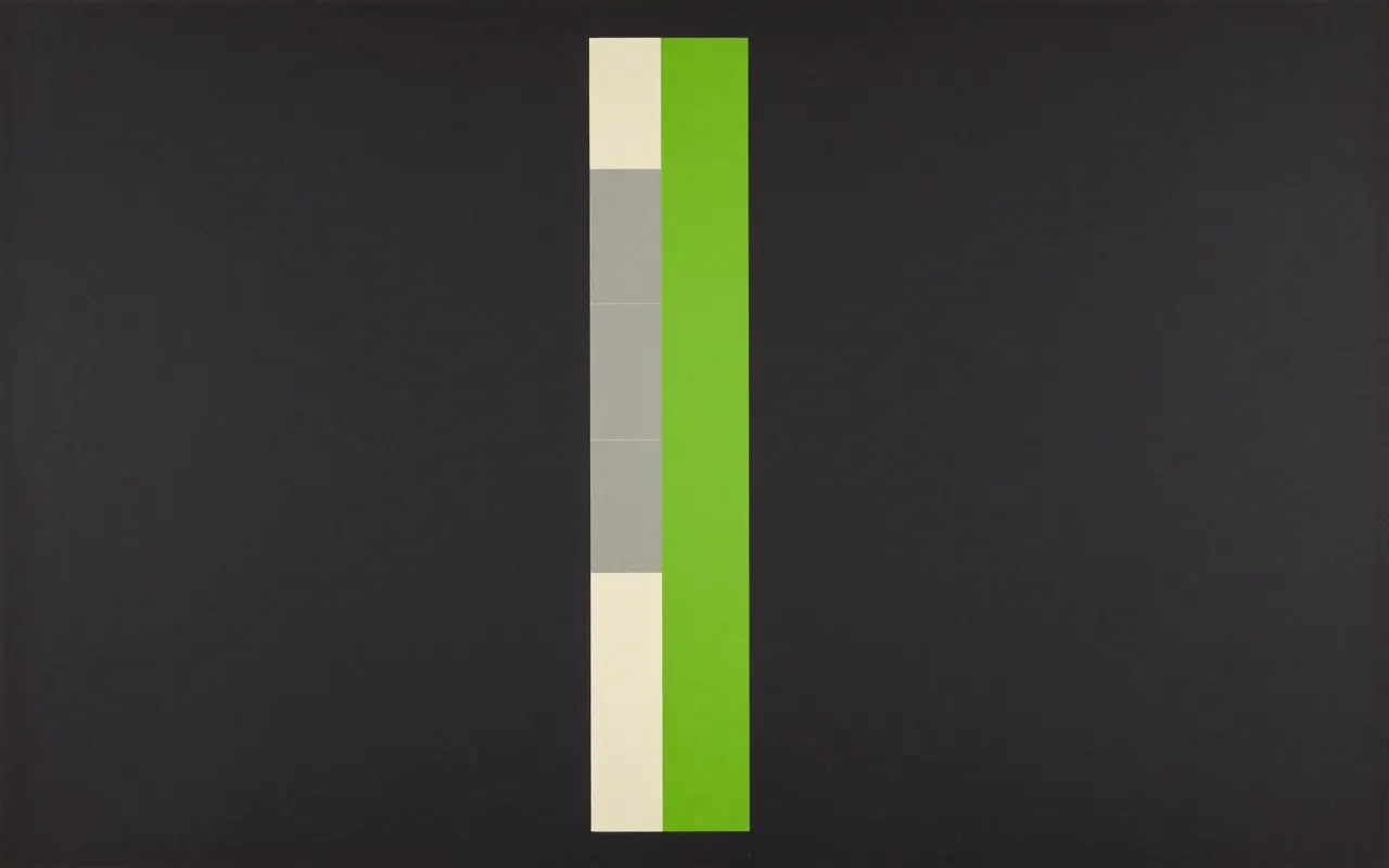 An abstract composition printed flat in deep charcoal, bone white, warm mid grey and bright electric lime green: one thick vertical bar as wide as a finger running the full height of the frame from top edge to bottom edge, standing just right of centre, with five small squares pressed against its left side and the space to its right completely empty.