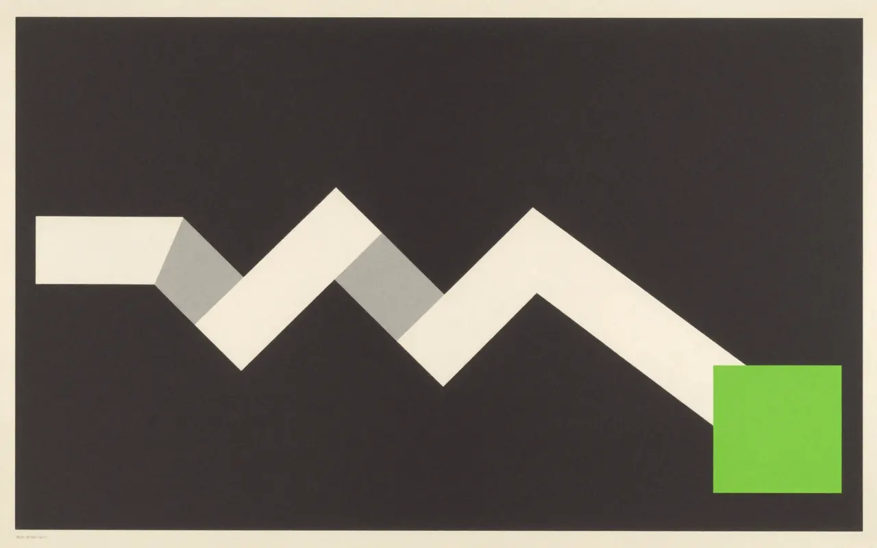 An abstract composition printed flat in deep charcoal, bone white, warm mid grey and bright electric lime green: one thick line made of four straight segments turning at right angles as it crosses from the left edge down to the lower right, with a small square at each turn.