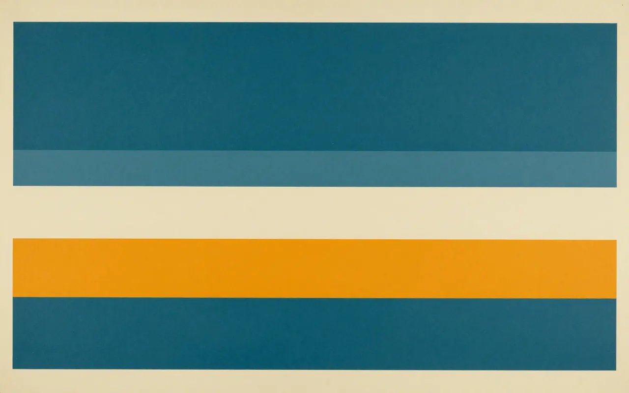 An abstract composition printed flat in deep teal, pale sand, muted slate blue and bright marigold orange: six horizontal bands of differing thickness stacked from the bottom edge upward, thickest at the bottom, with a wide empty field above them.