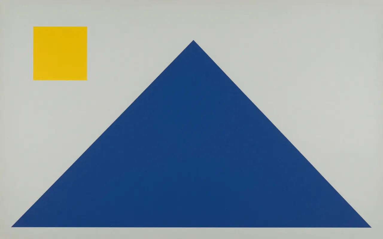 An abstract composition printed flat in pale cool grey, steel blue, deep navy and bright mustard yellow: one enormous triangle filling the lower right and cropped by two edges, and a single small square stranded alone in the empty upper left.