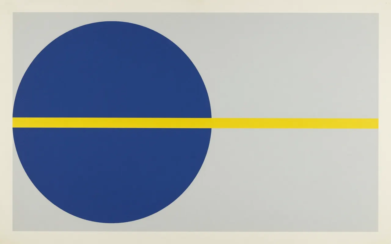 An abstract composition printed flat in pale cool grey, steel blue, deep navy and bright mustard yellow: one large quarter circle anchored in the top left corner and a single straight bar running clear across it from the left edge to the right, the rest one flat field.