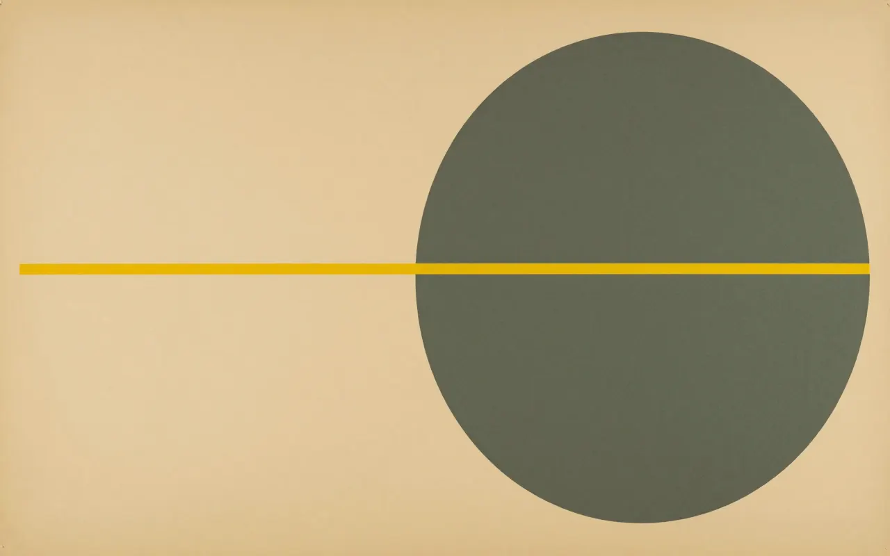 An abstract composition printed flat in warm sand, deep charcoal, soft olive and bright ochre yellow: two large circles overlapping near the right edge, one of them cropped by the frame, a thin bar passing behind both of them, the left two thirds an empty flat field.