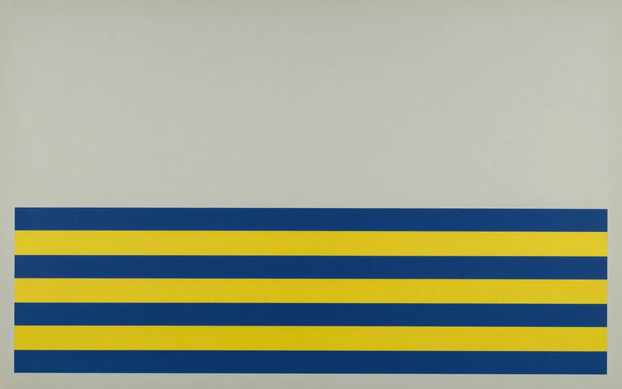 An abstract composition printed flat in pale cool grey, steel blue, deep navy and bright mustard yellow: six horizontal bands of differing thickness stacked from the bottom edge upward, thickest at the bottom, with a wide empty field above them.