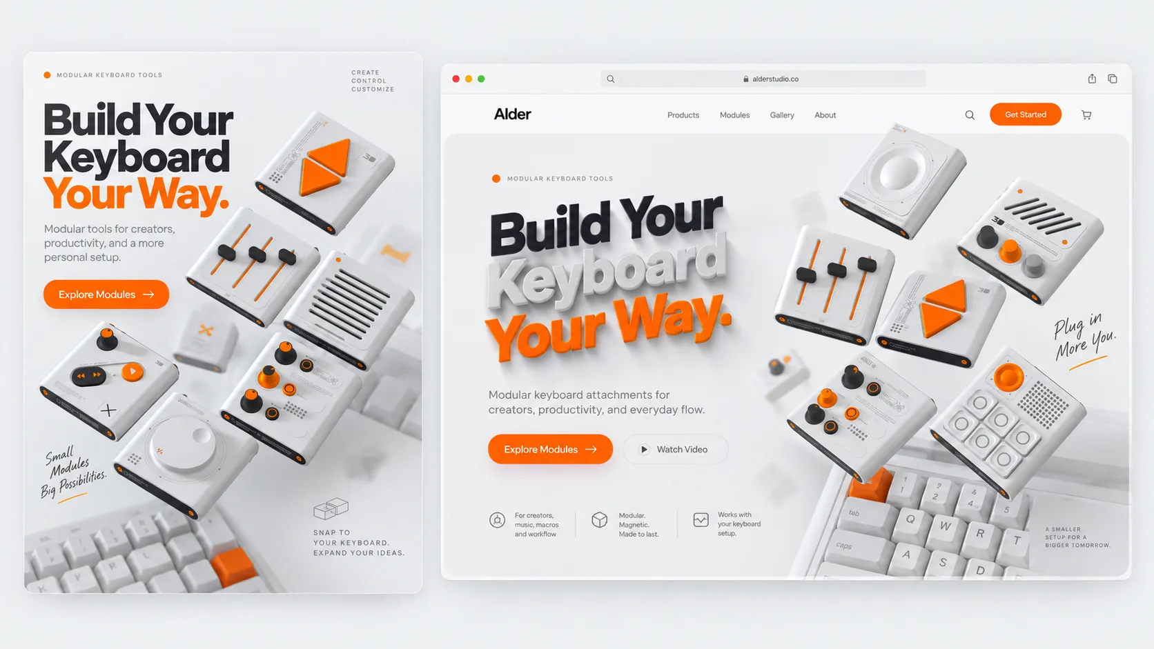 Websites: a product website mock-up for a keyboard brand, in black and white.