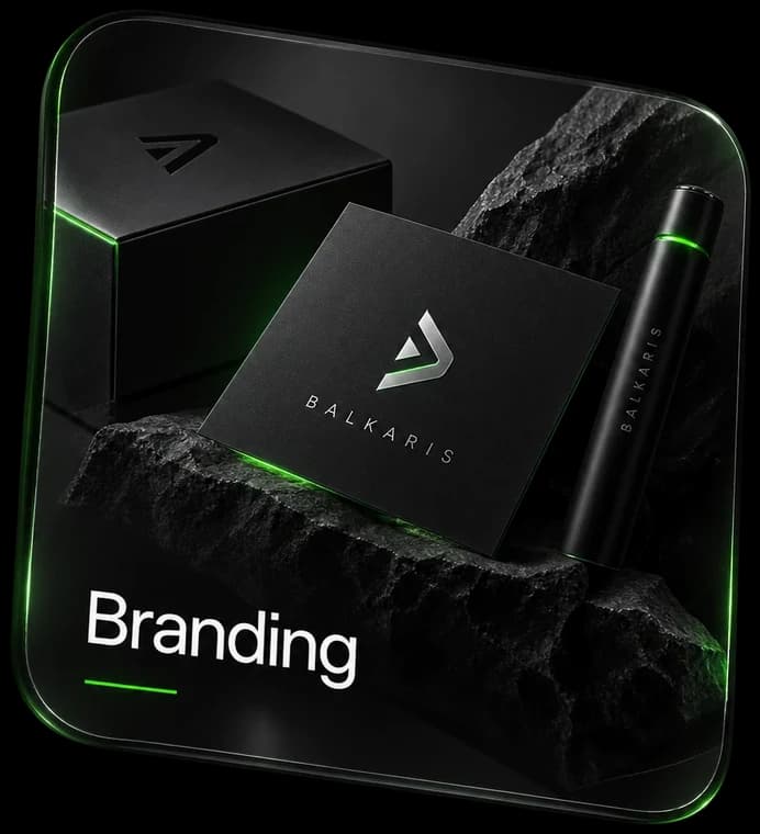 Branding: a black box, card and pen with the Balkaris mark on dark rock.
