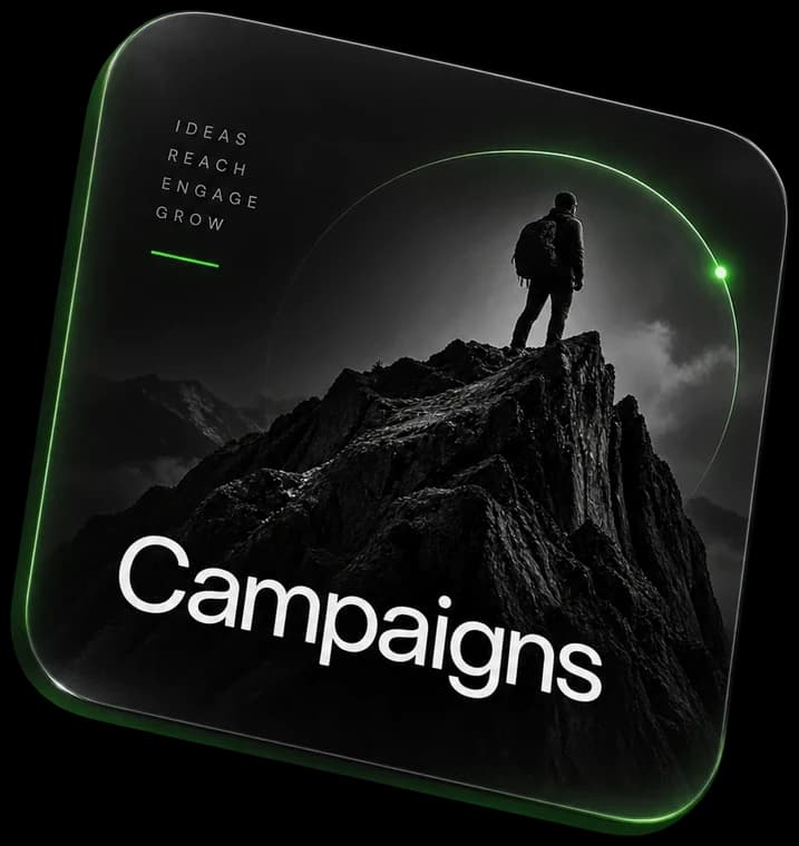 Campaigns: a climber on a mountain summit under a green arc.