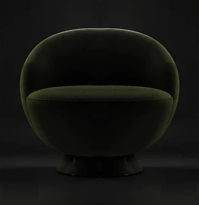 The same round lounge chair, photographed in dark olive velvet.