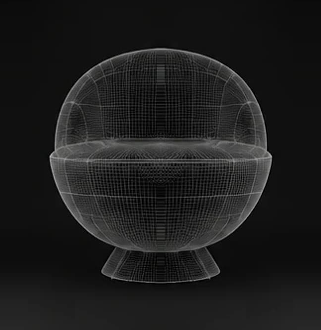 A round lounge chair drawn as a white wireframe mesh on a dark ground.