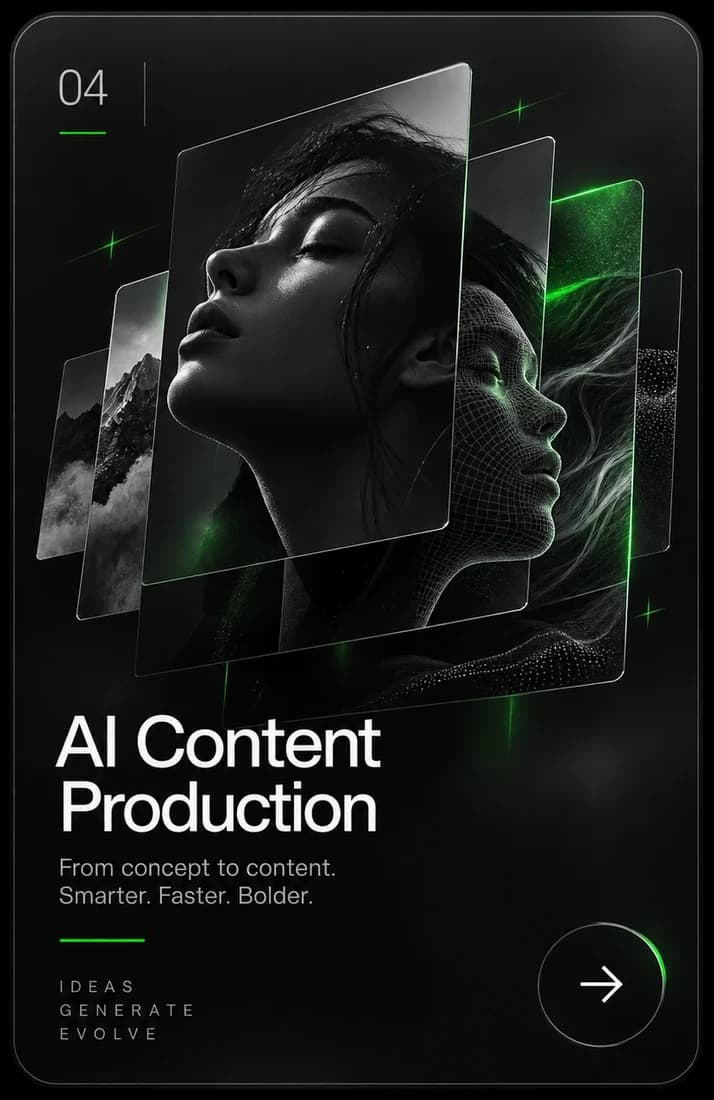 Card 04, AI Content Production: a woman’s profile repeated across glass panes into a wireframe face, with the line “From concept to content. Smarter. Faster. Bolder.”