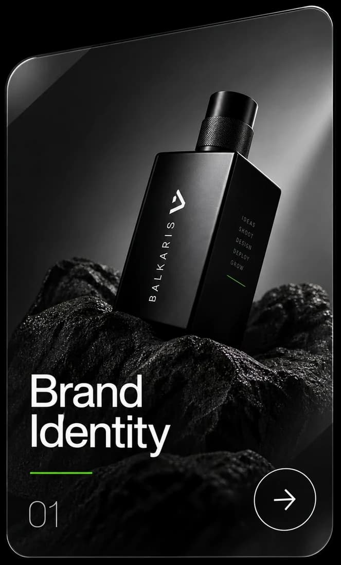 Card 01, Brand Identity: a matte black bottle marked Balkaris on dark rock.