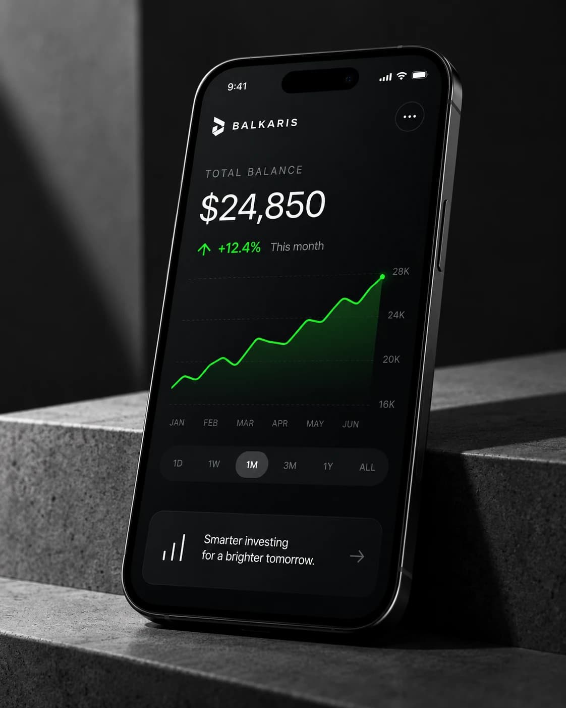A phone on a concrete step showing a Balkaris balance of $24,850, up 12.4% this month, over a rising green line.