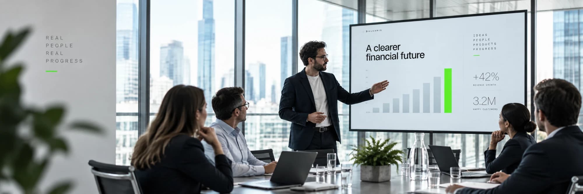 A meeting room high over a city: a man presents a rising bar chart headed “A clearer financial future” to four colleagues, beside the words “Real people, real progress”.