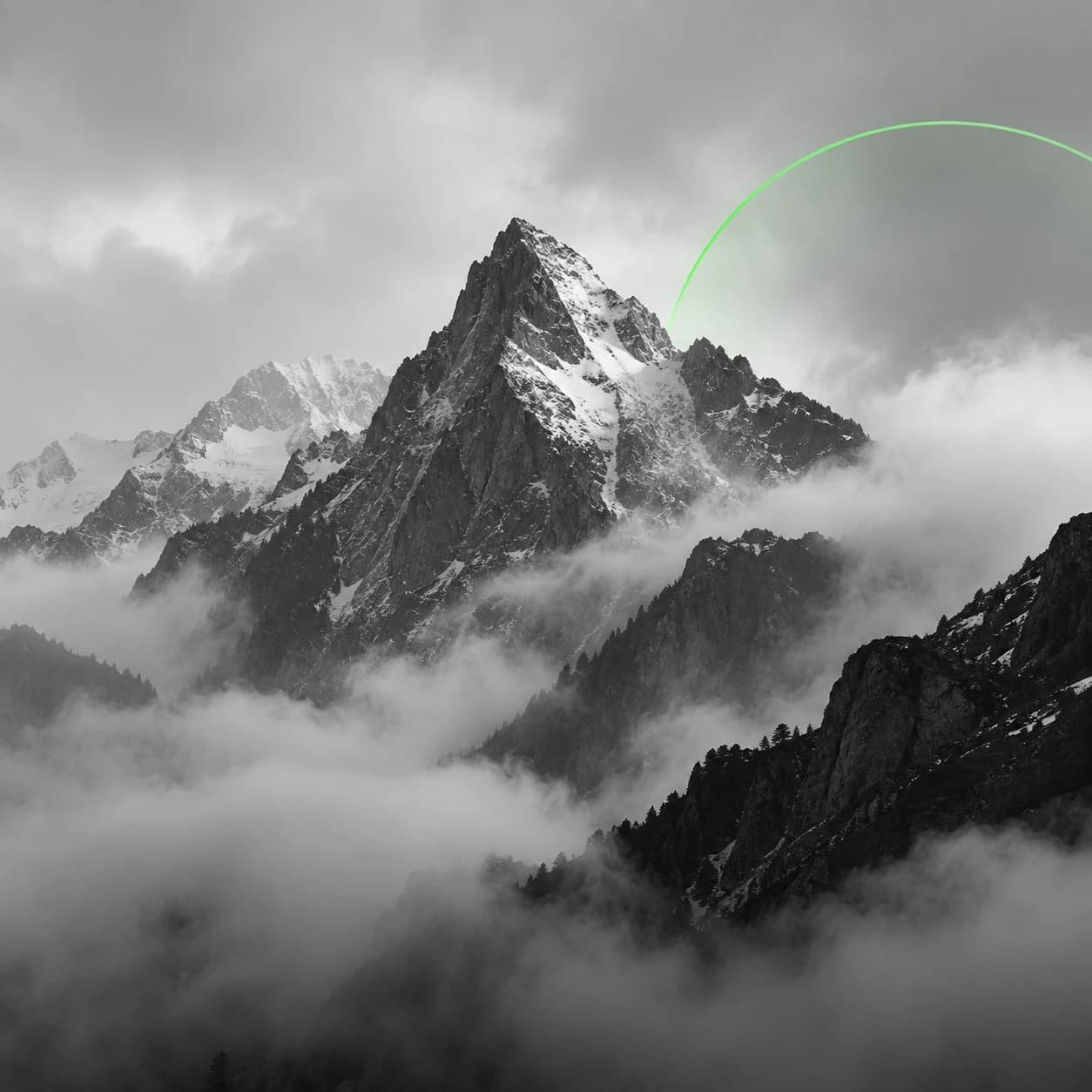 A snow-streaked mountain peak rising out of cloud, a thin green arc drawn across the sky beside it.