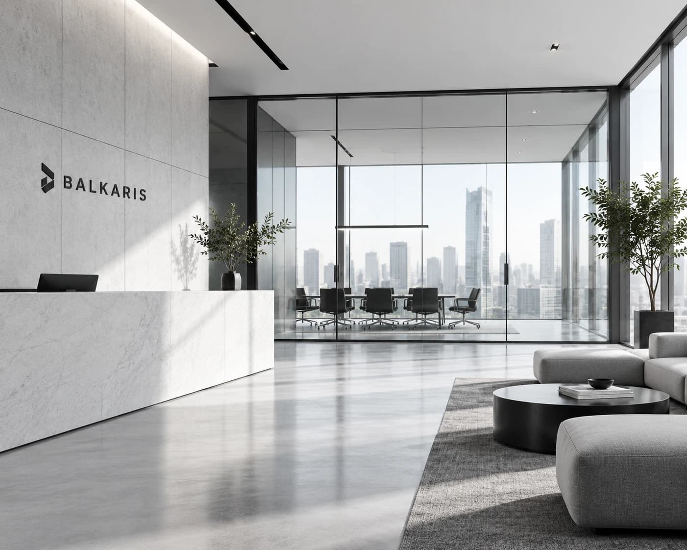 A pale stone reception with the Balkaris name on the wall, a glass meeting room and a city skyline behind it.