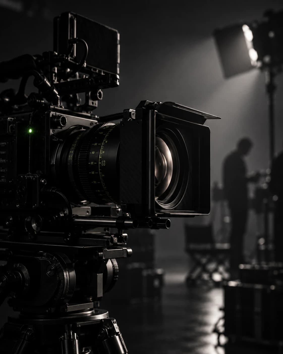 A cinema camera on a dark stage, the crew working behind it.