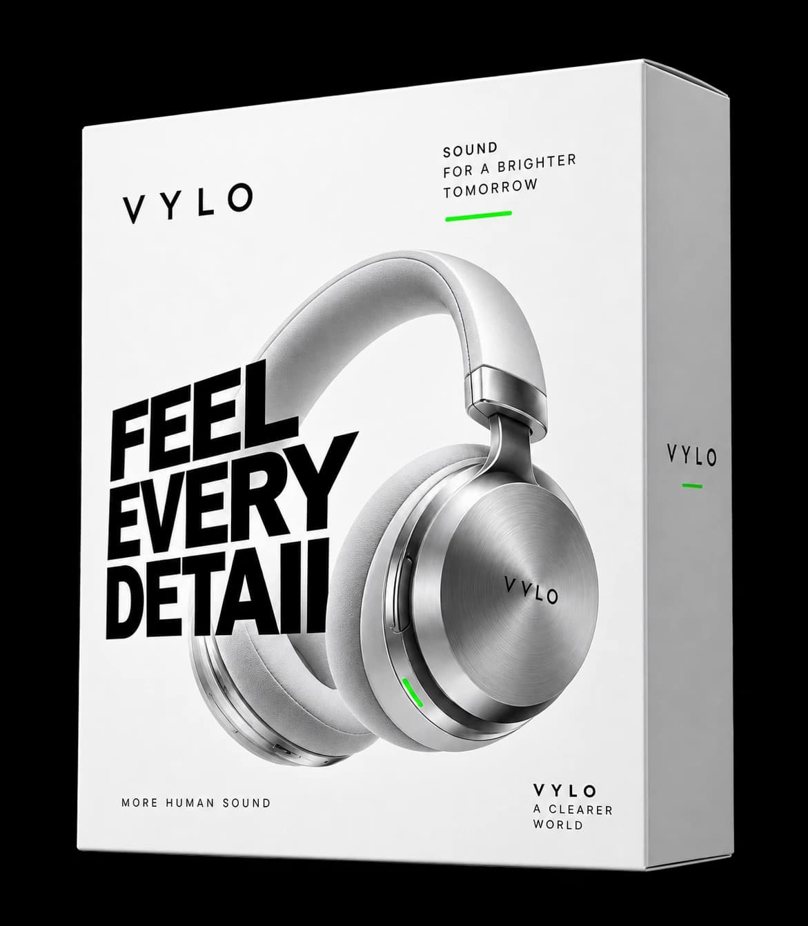 The white VYLO headphone box standing on a glossy floor, beside the words “Stand out”.