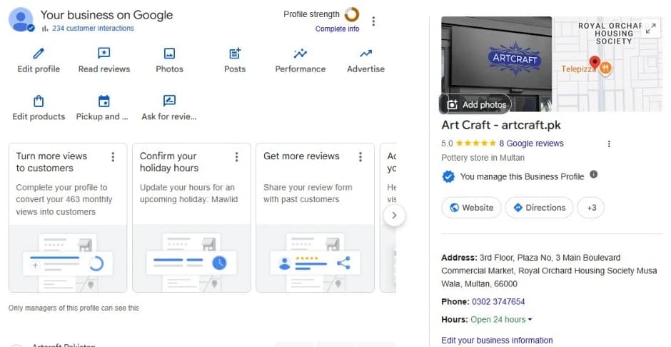 ArtCraft’s Google Business Profile as its manager sees it: 234 customer interactions, 463 monthly views, and the public panel — Art Craft, artcraft.pk, 5.0 stars from 8 Google reviews, pottery store in Multan, open 24 hours.