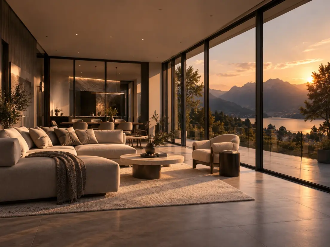 A living room in warm evening light, its glass wall open to a lake and the low sun.