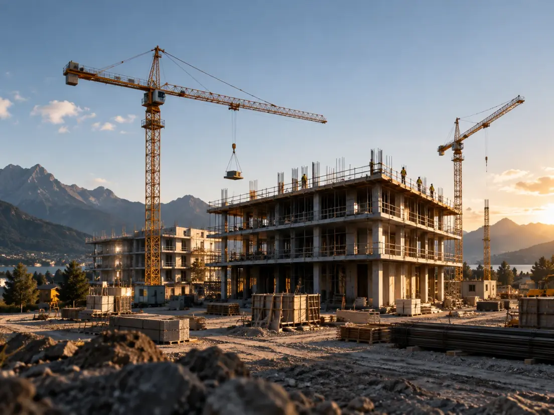 A concrete frame going up between two tower cranes at sunrise, mountains behind.