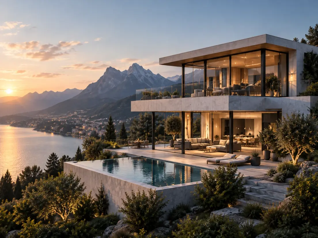 A house in concrete and glass above a lake at sunset, a long pool cut into its terrace.