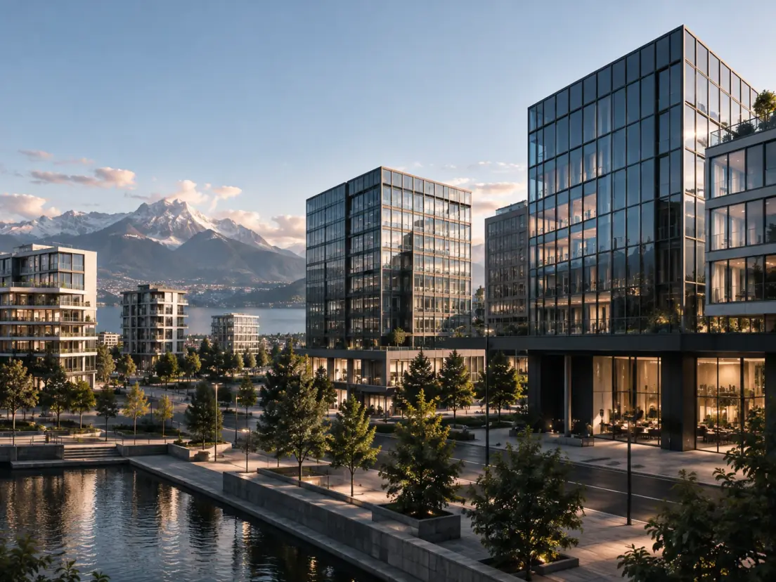A waterfront quarter of glass office blocks at dusk, planted streets, snow on the range behind.