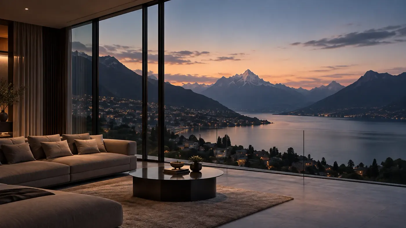 A lake, a lit hillside and a snow-topped peak seen through a room's full-height glass at dusk.